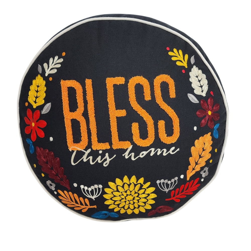 Bless This House Pillow Black Embroidered Floral‎ Round